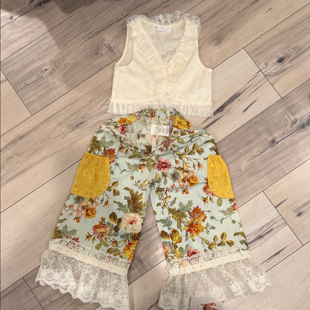 Persnickety Floral Lace-Trim Girls' Yellow Pocket Ruffle Pants with Zara top.